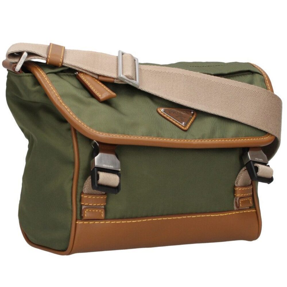 Prada Leather trimmed Messenger Shoulder Bag Green Brown